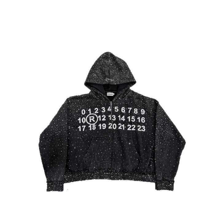 American Street Style Starry Sky Rhinestone Zipper Hooded Black Sweatshirt Hip Hop Autumn Winter Loose Jacket B5