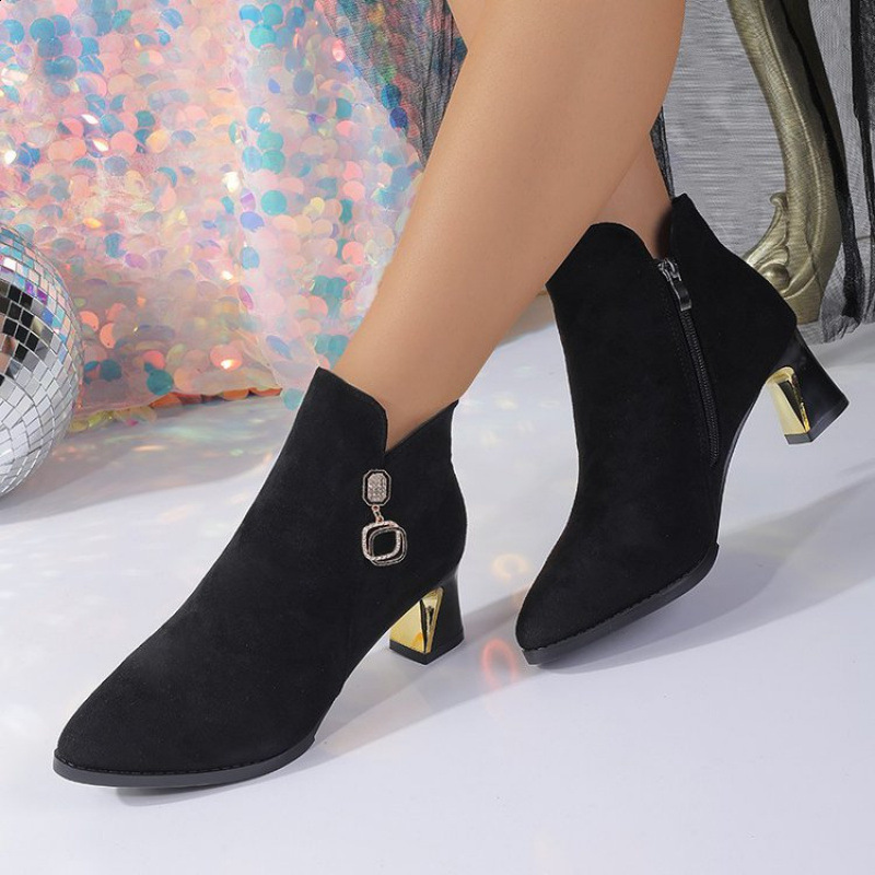 Womens Ankle Boots Heeled Short Shoes For Woman Suede Footwear Black Pointed Toe Booties Very High Heels With Stylish Y2k 240820