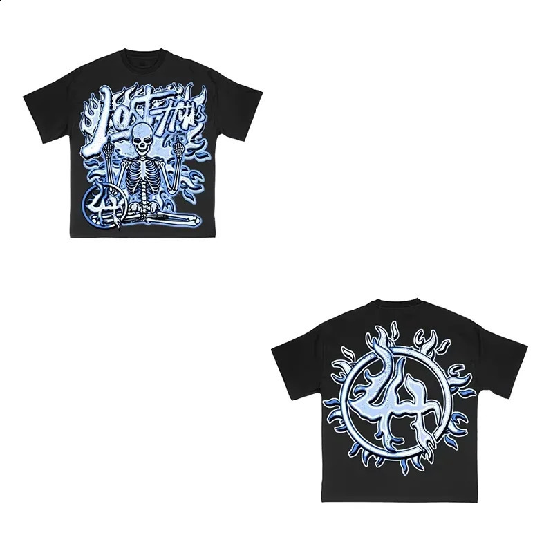 25Retro Lost in The Hills Flame Skull Graphics Cotton Short Sleeve T-Shirt Men Y2K Vintage Oversize Tshirt Streetwear Women Tops 250821