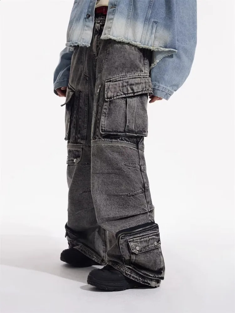 2025 Cyber Y2K Streetwear Washed Grey Baggy Cargo Jeans Pants For Men 90S Vintage Clothes Wide Leg Zipper Gothic Denim Trousers 250821