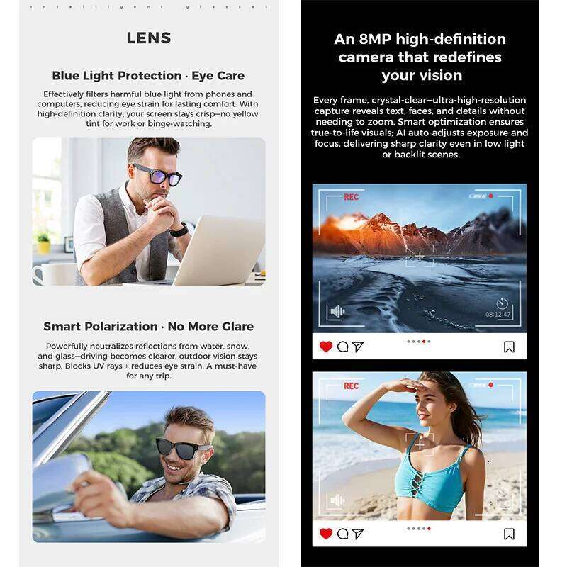 Meta Glasses New Men Women Al Voice HD Camera Audio Recording Translation Horizontal Anti-Blue Light Bluetooth Call Smartglasses