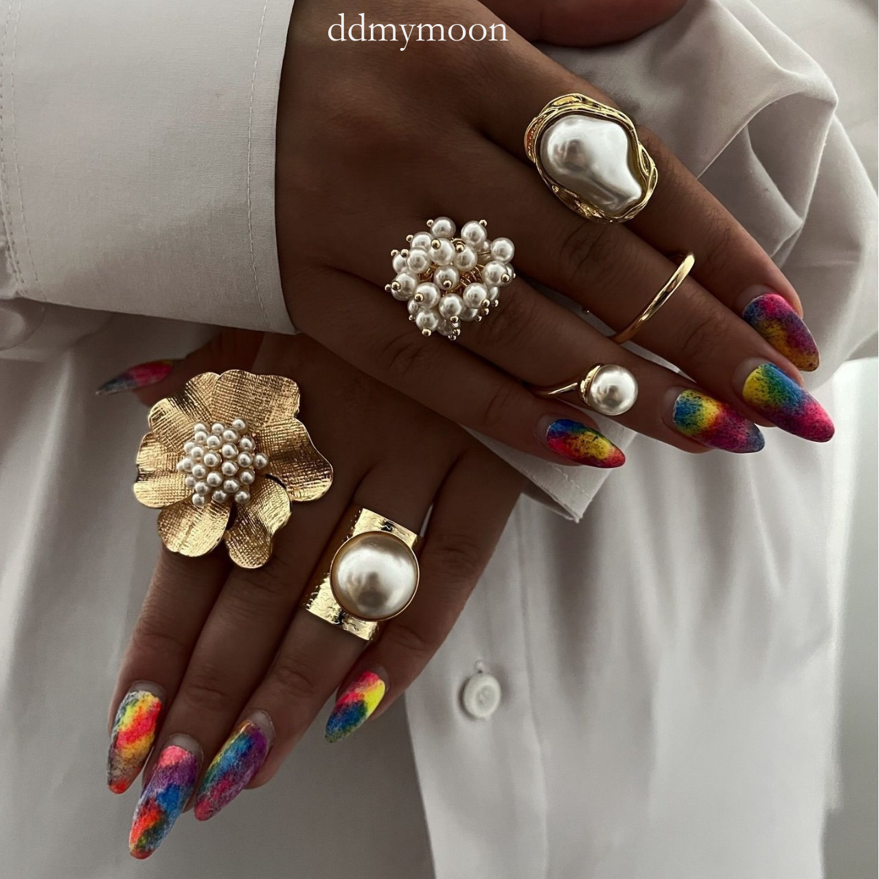 Fashion Exaggerated Faux Pearl Set Light Luxury Sweet Design Sense Open Flower Ring ddmymoon