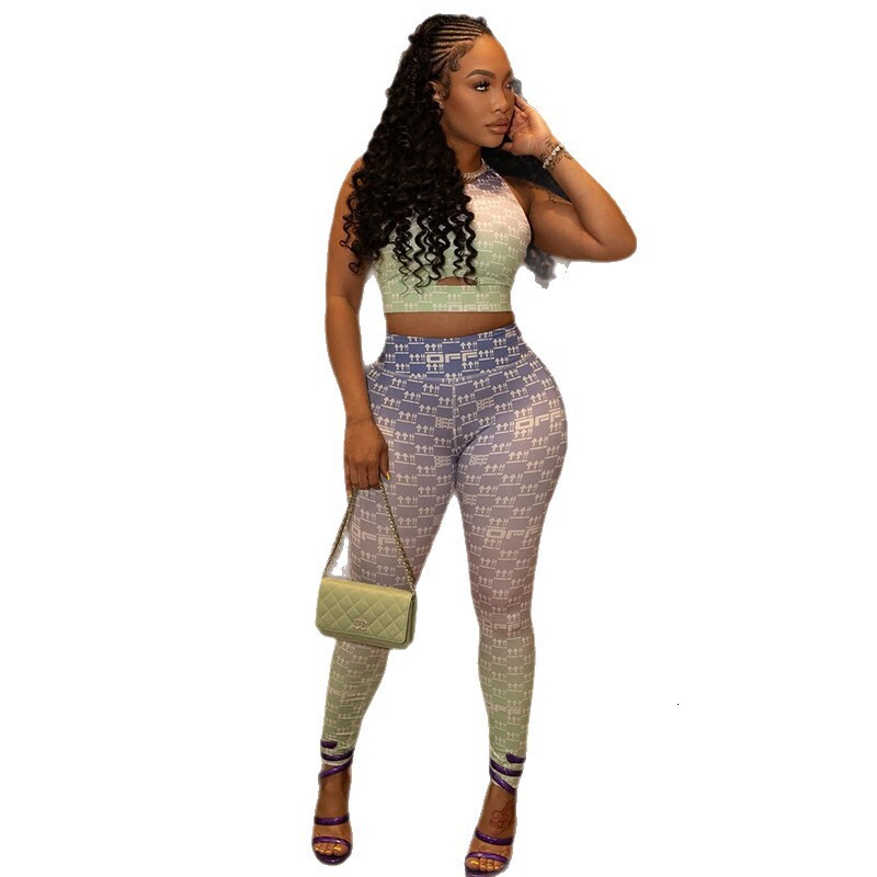 Sports Style Commuter Womens Hollow Out Slim Fit Printed Pants Set Vest Top Skinny Pants Two-Piece Set