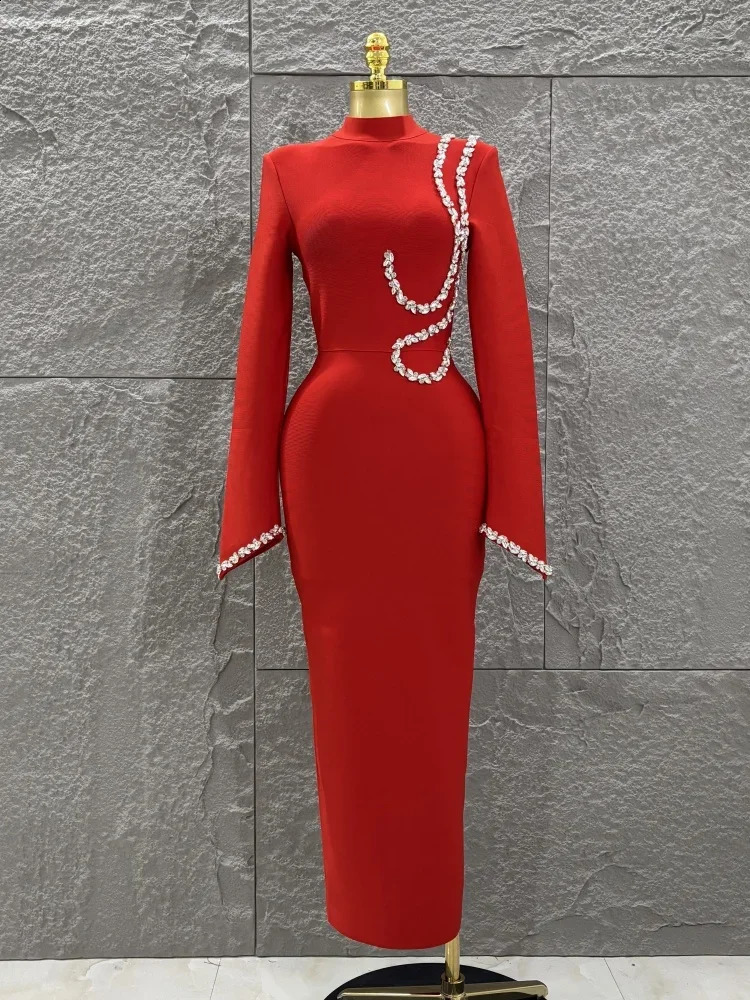 Black Red Women Long Sleeve Shinning Crystal Bodycon Bandage Dress Elegant Evening Party Cocktail Outfit Vestido 250821