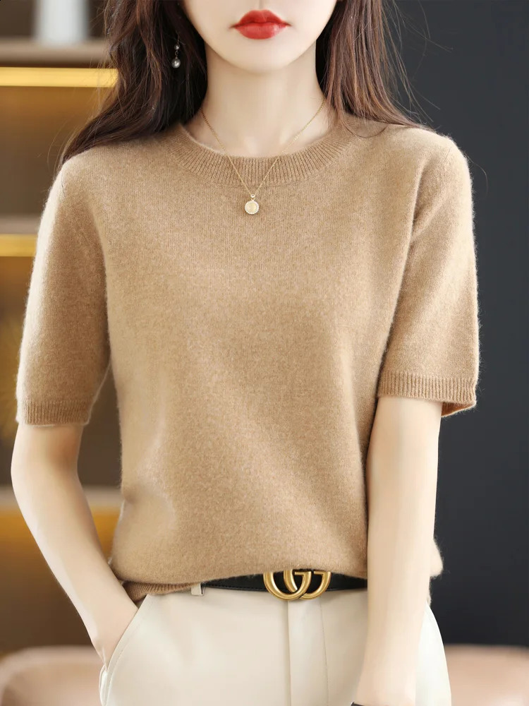 Women Merino Wool Sweater Cashmere Pullover Fashion Basic O-Neck Knitwear Short Sleeve Elegant T-Shirt Clothing Tops 250821