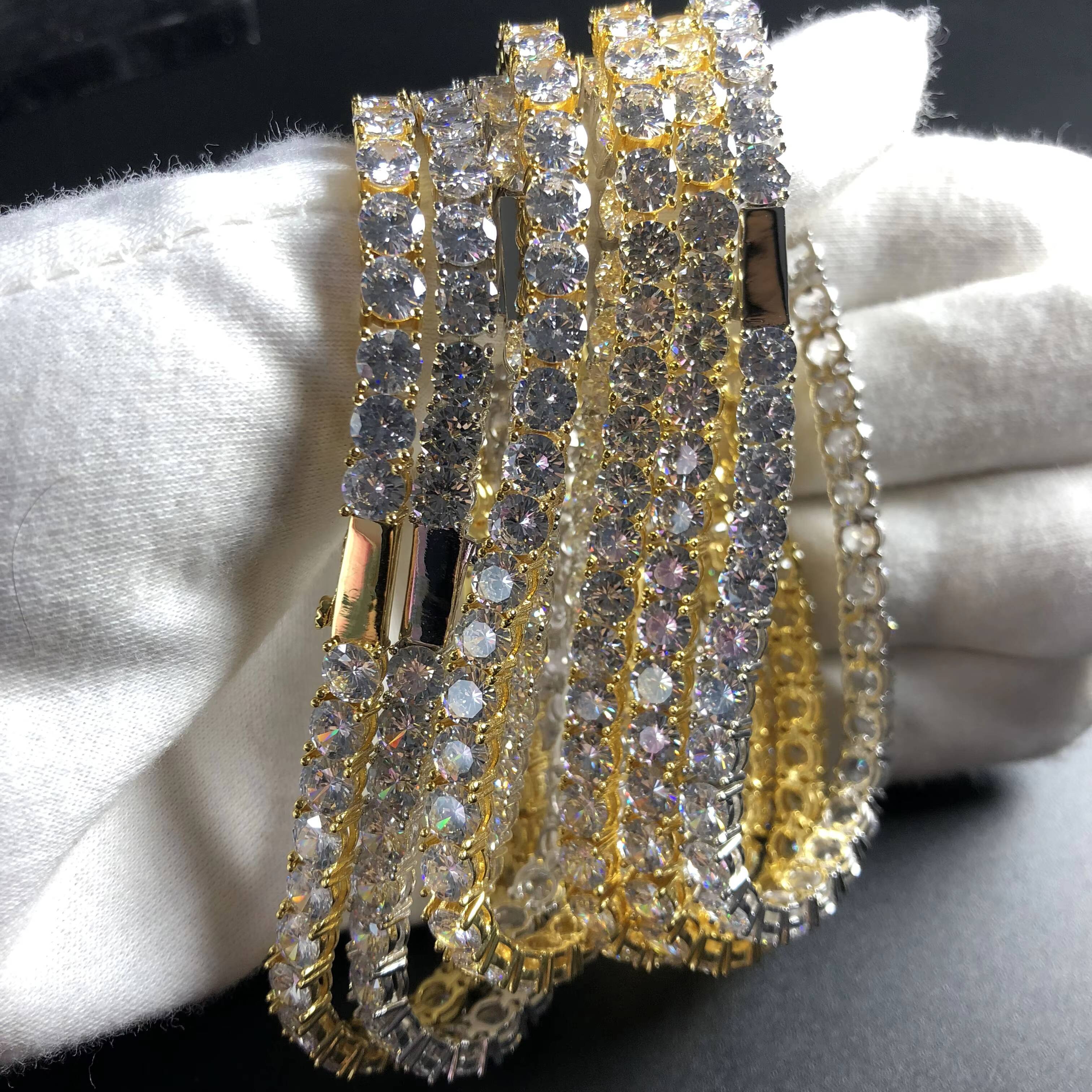 Shiny spring buckle tennis bracelet 3mm 4mm 5mm brass and zirconia single row chain hip hop minimalist