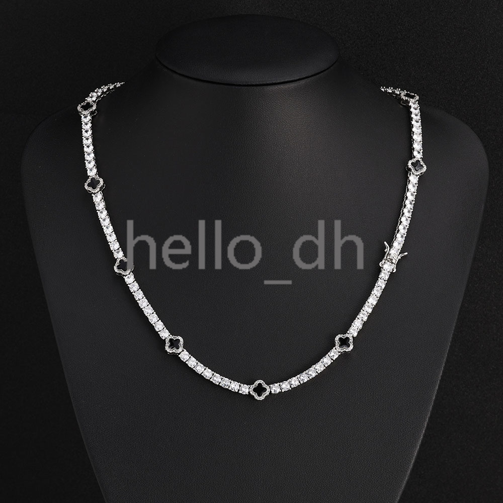 Hip Hop Jewelry 4mm Iced Out Moissanite Tennis Chain Black Four Leaf Clover Tennis Chain Necklace Gift for Men Women