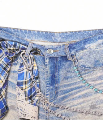 Classic style men and women gradient check print used washing jeans summer casual loose vintage blue denim straight shorts 250820