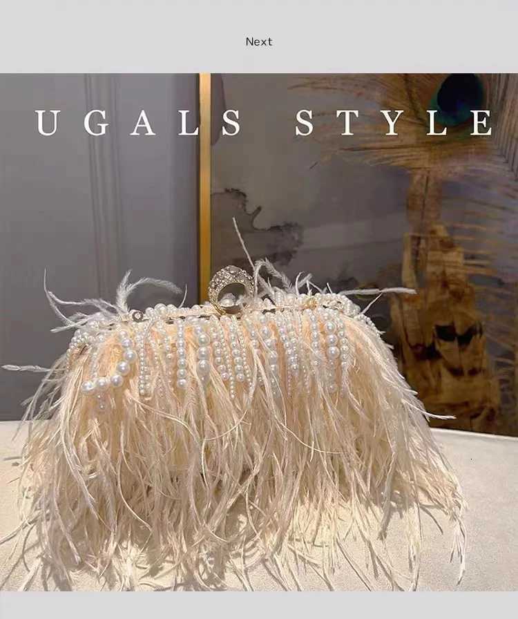 Designer Ostrich Hair Evening Bag Pearl Beading Tassel Womens Handbag Wedding Party Clutch Purse Shoulder Crossbody Bag Z250821