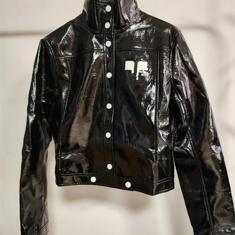 Trendy French Classic Embossed PU Texture Shiny Leather Jacket Coat Moto Short Flip Collar Outerwear 250820