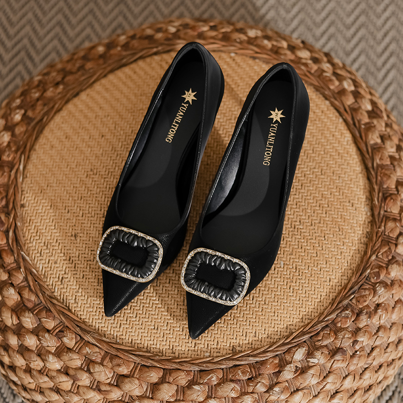 YUANLITONG Pleat Decoration Heels Black Cat Women's Leisure Gentle High Heel Fashion Designer Style Shoes Party