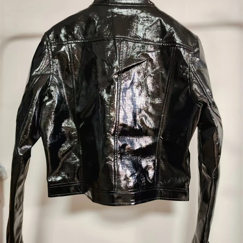 Trendy French Classic Embossed PU Texture Shiny Leather Jacket Coat Moto Short Flip Collar Outerwear 250820