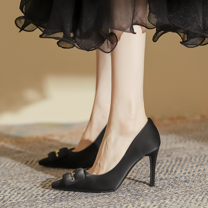 YUANLITONG Stylish Autumn Heels With Square Decor And Buckle Details Elegant Chic Pointed Toe High Heels Black