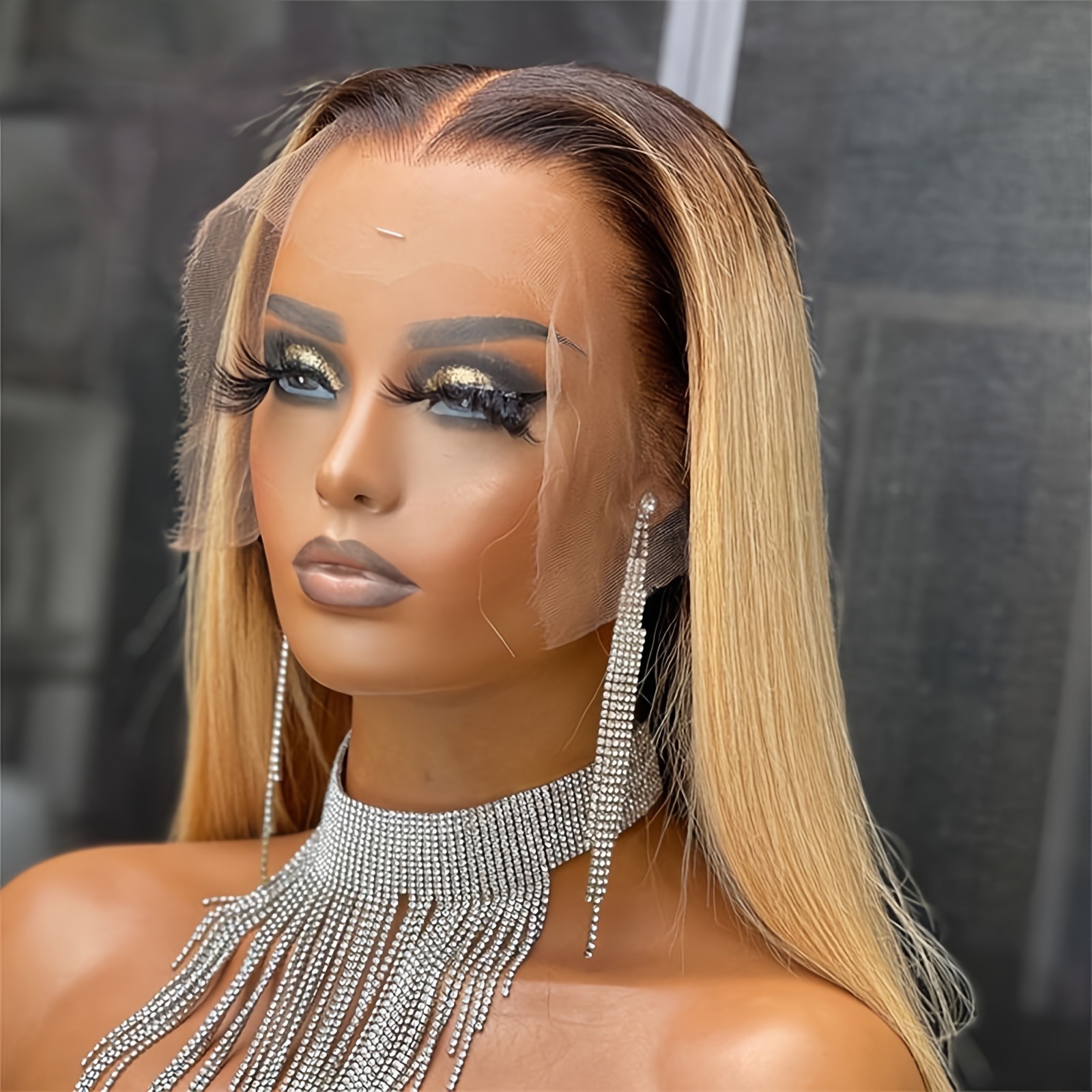 Ombre Blonde With Dark Root Straight Lace Frontal Wig Human Hair 200% Density Ready To Go 13x4 13x6 HD Transparen Lace Front Wigs Synthetic