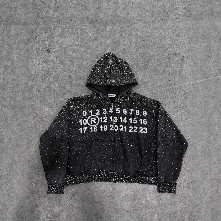 American Street Style Starry Sky Rhinestone Zipper Hooded Black Sweatshirt Hip Hop Autumn Winter Loose Jacket B5