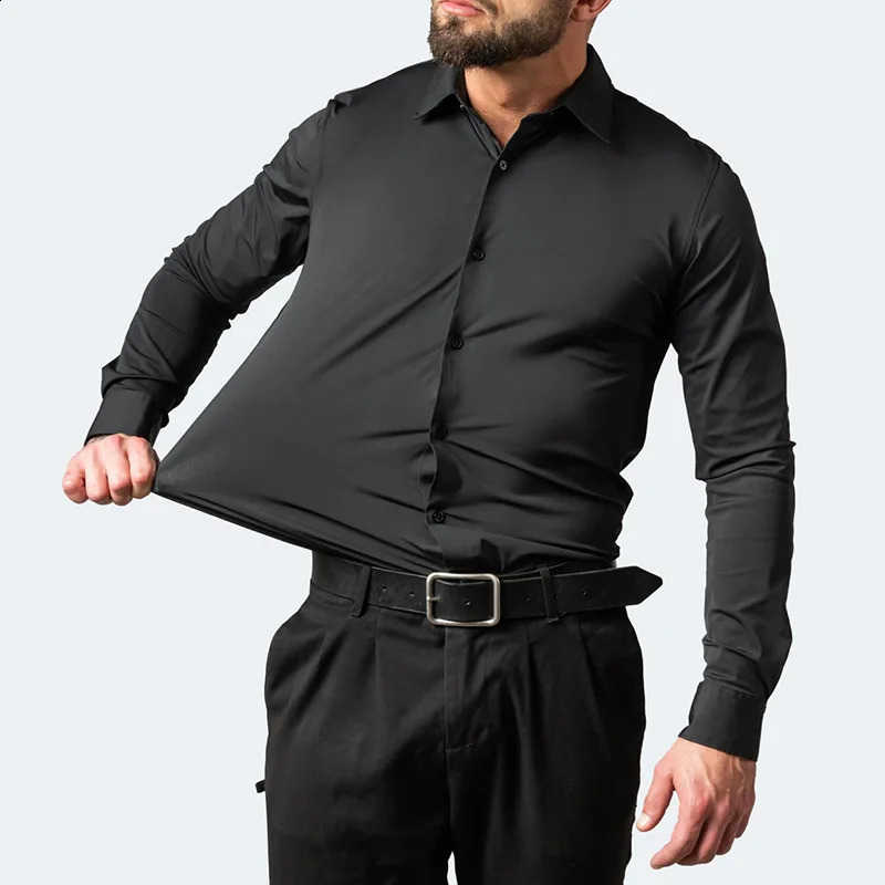Plus Size 7XL 6XL High Elasticity Seamless Spandex Shirt Men Long Sleeve Slim Fit Casual Solid Color Social Formal Dress Shirts 250905