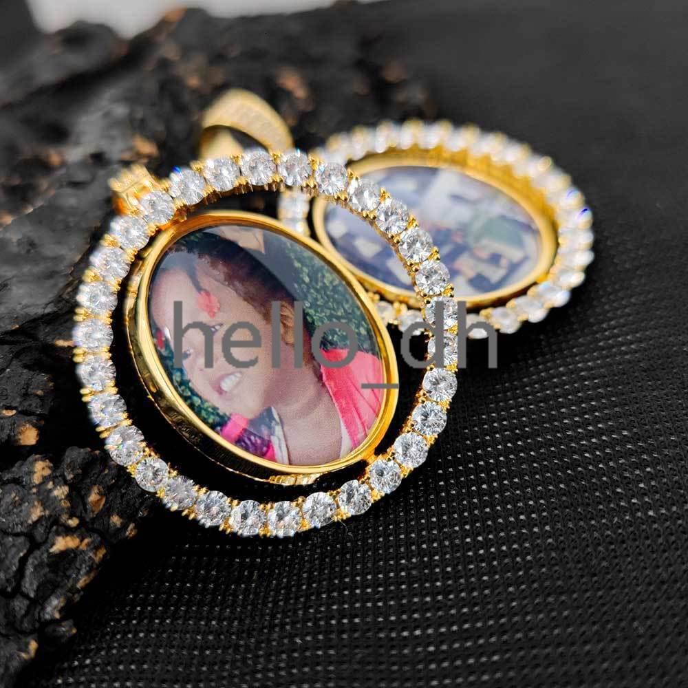 Custom 925 Silver Moissanite Photo Pendant Double Sided Rotating Circle Iced Out Personalized Memory Picture Pendant