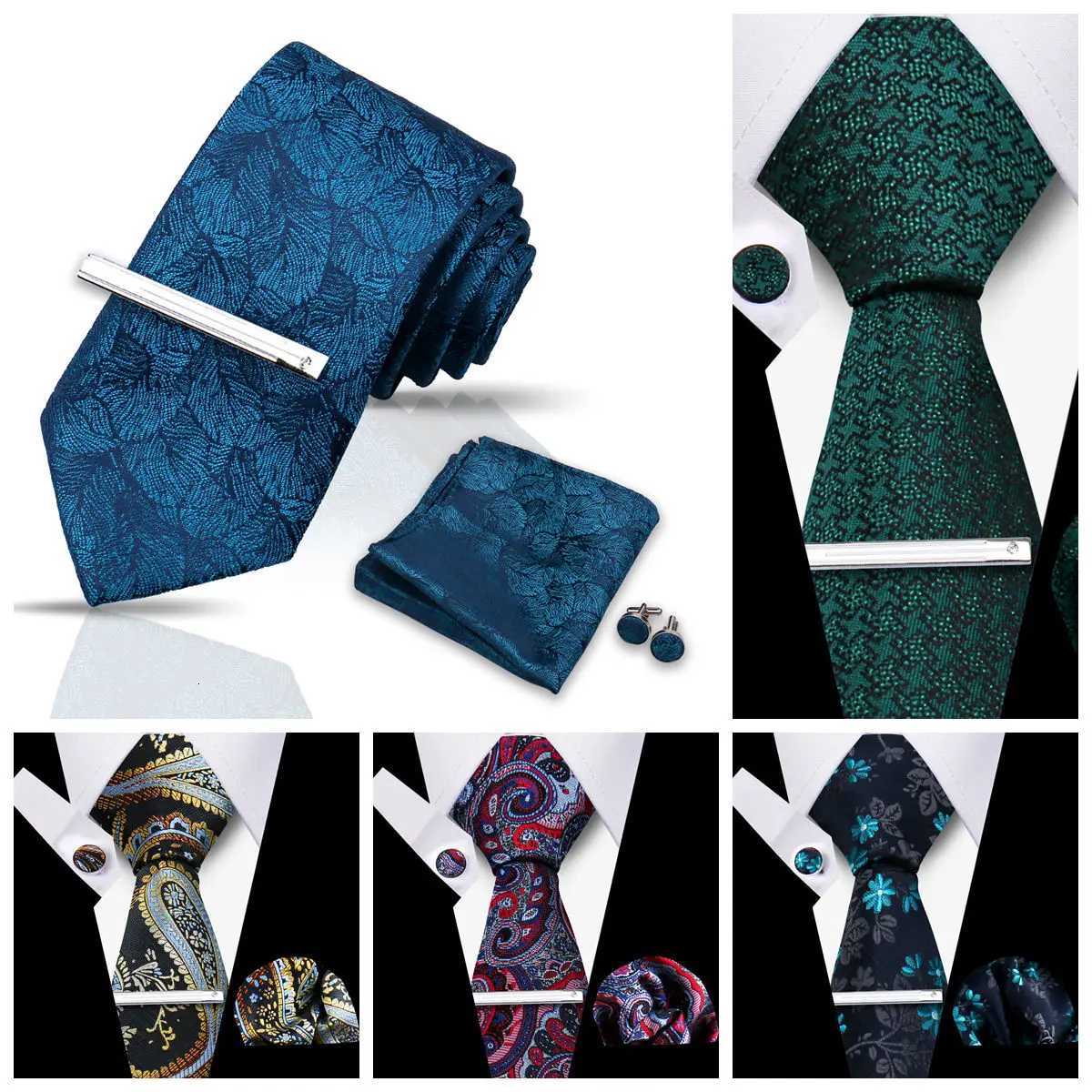 Business Tie For Men Luxury Fashion Necktie Navy Blue 4pcs Set Tie Clip Cufflinks Pocket Square Wedding Suit Accessories Gravata H250820