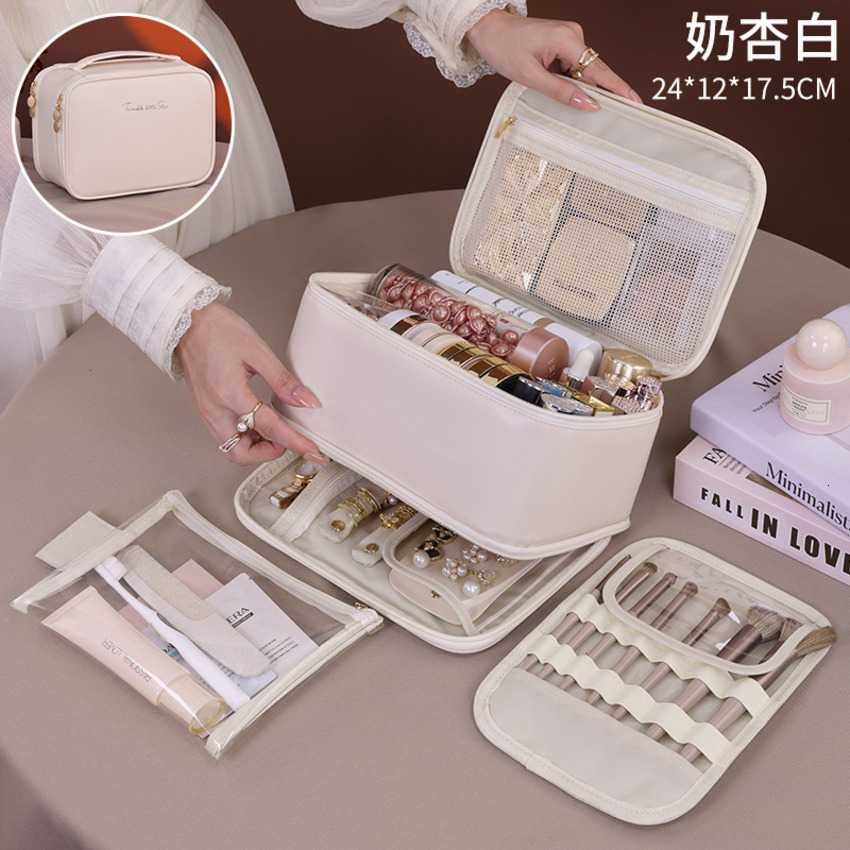 Travel Double-Layer for Women, Detachable Portable Large Capacity Handheld Makeup Organizer with Compartments, Toiletry Bag
