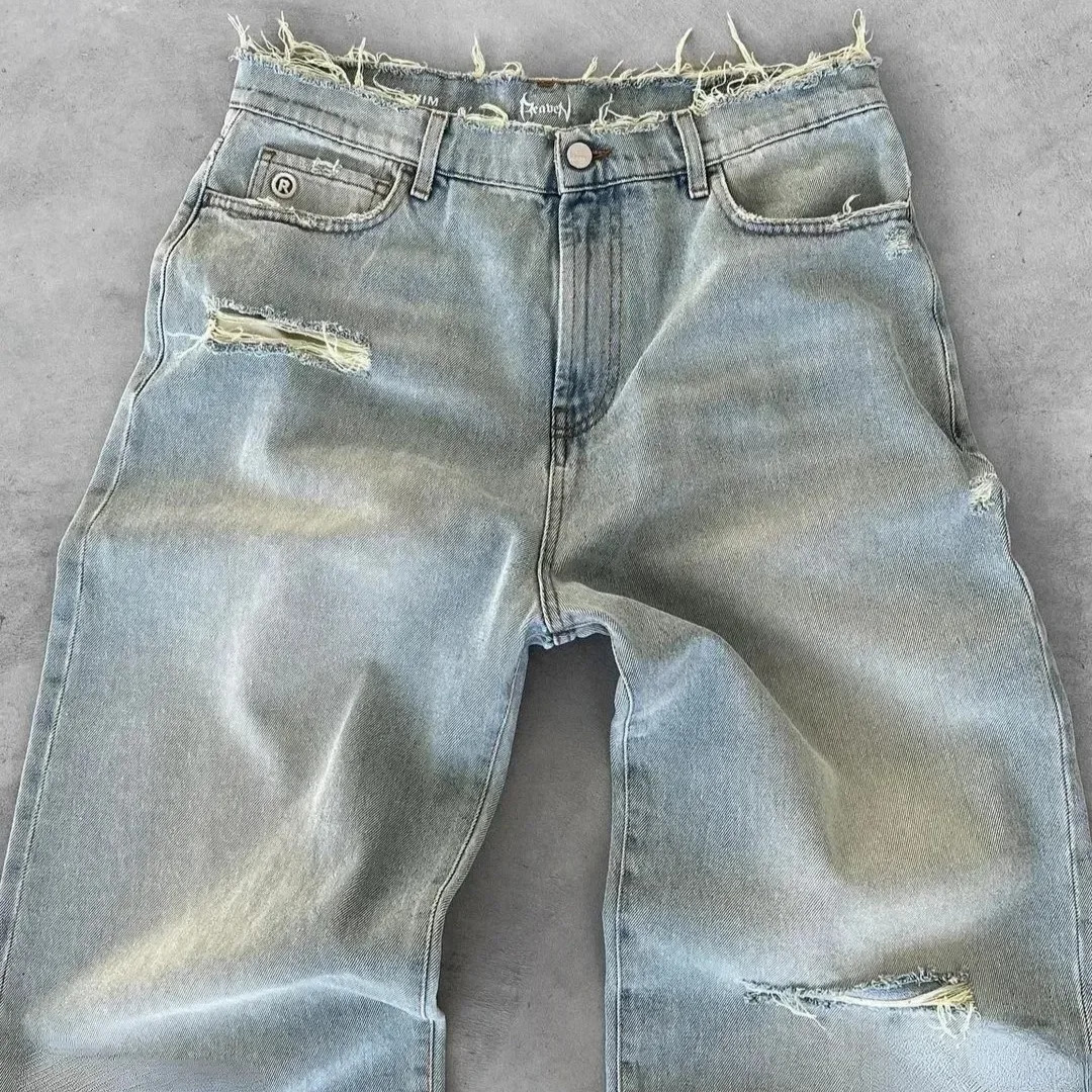 Straight Jeans Distressed Men Jean Ripped Holes Washed Denim Pants Ankle Length Loose Solid Zipper Fly Pockets Casual 2025 250820
