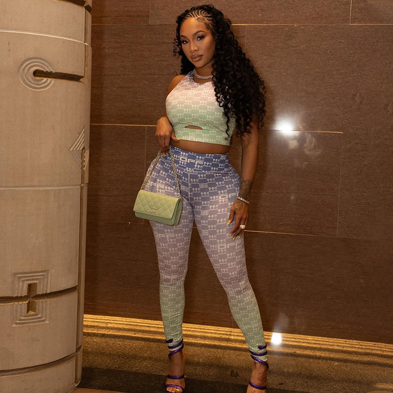 Sports Style Commuter Womens Hollow Out Slim Fit Printed Pants Set Vest Top Skinny Pants Two-Piece Set