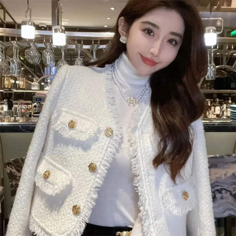 Jackets Small Fragrance Loose V-neck Long-sleeved Coat Spring and Autumn y High-grade Tweed French White Short Coat Woman 260618CJ - view 4