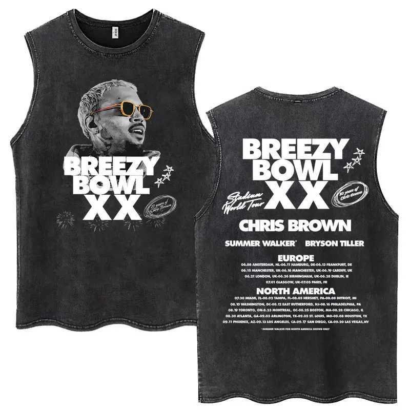 Chris Brown Breezy Bowl XX Tour Washed Tank Tops Fashion Hip Hop Vintage Hipster T-Shirts Men Women Loose Cotton Sleeveless Tees X250821
