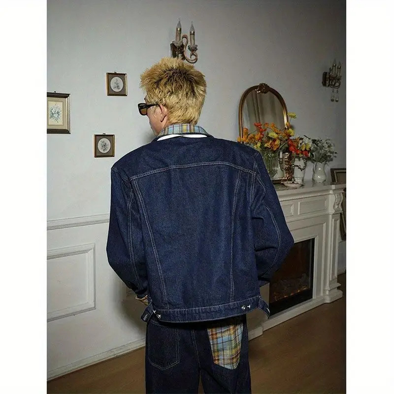 Two-piece Set Loose Spliced Denim Coat Vintage Plaid Irregular Splicing High-end Denim Suit Jeans Punk Retro Pockets Suit 250818