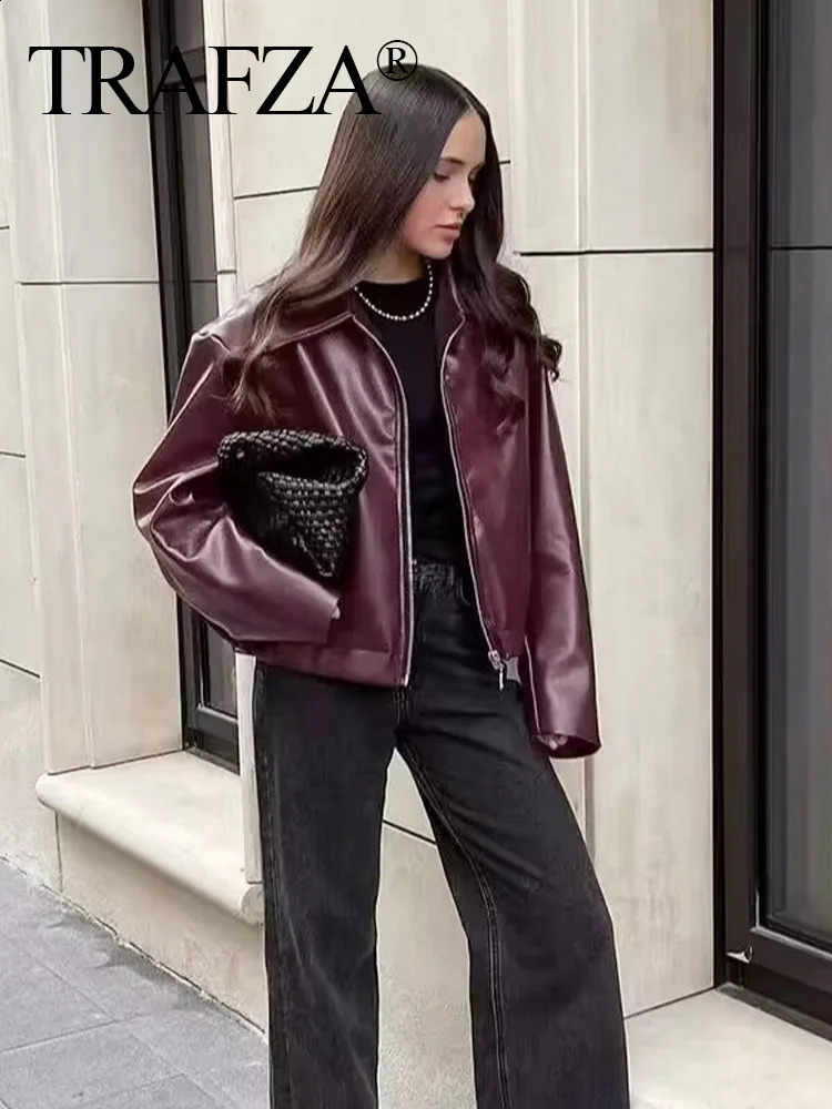 2024 Autumn Women American Style Vintage Solid Bordeaux Red Short Jacket Womens Zipper Long Sleeve Chic Leather 250820