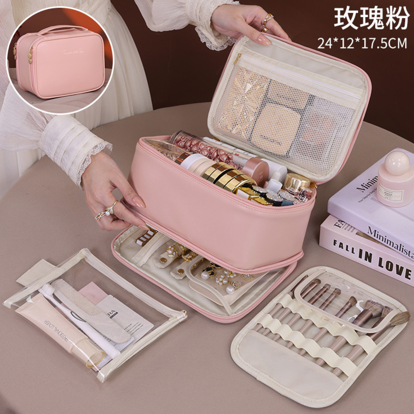 Travel Double-Layer for Women, Detachable Portable Large Capacity Handheld Makeup Organizer with Compartments, Toiletry Bag