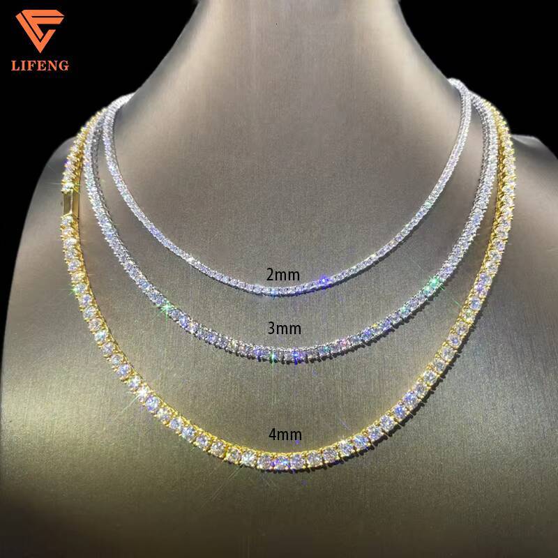 New Arrival Fine Jewelry High Quality 925 Silver Necklace 4MM Iced Out VVS Moissanite Diamonds Gold Plated Hiphop Tennis Chain