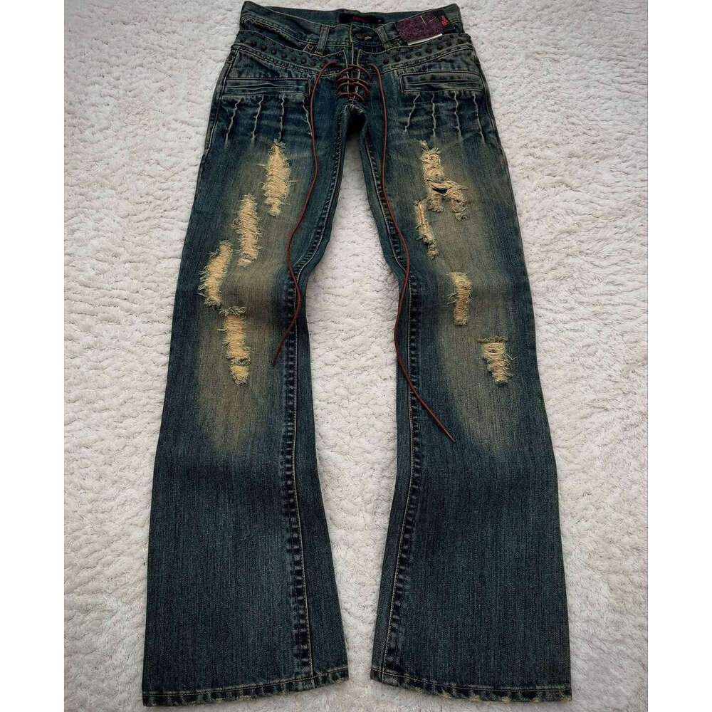 Summer Y2k Washed Jeans Gothic Style Flared Double Waist Long Pants Unisex Streetwear B5
