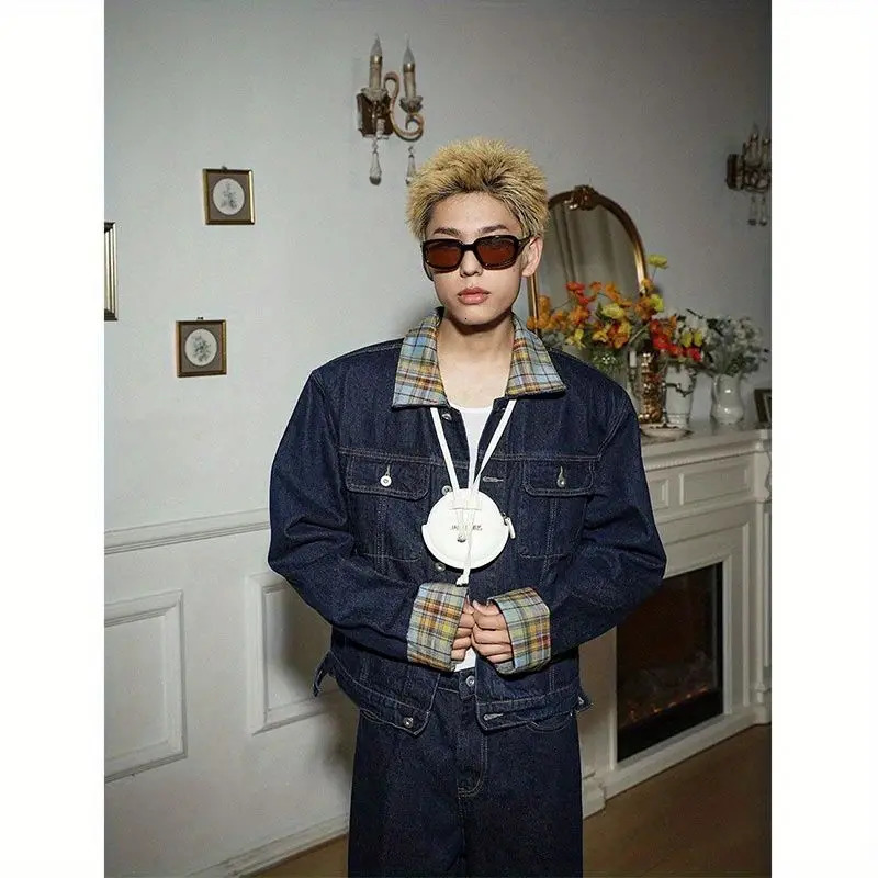 Two-piece Set Loose Spliced Denim Coat Vintage Plaid Irregular Splicing High-end Denim Suit Jeans Punk Retro Pockets Suit 250818