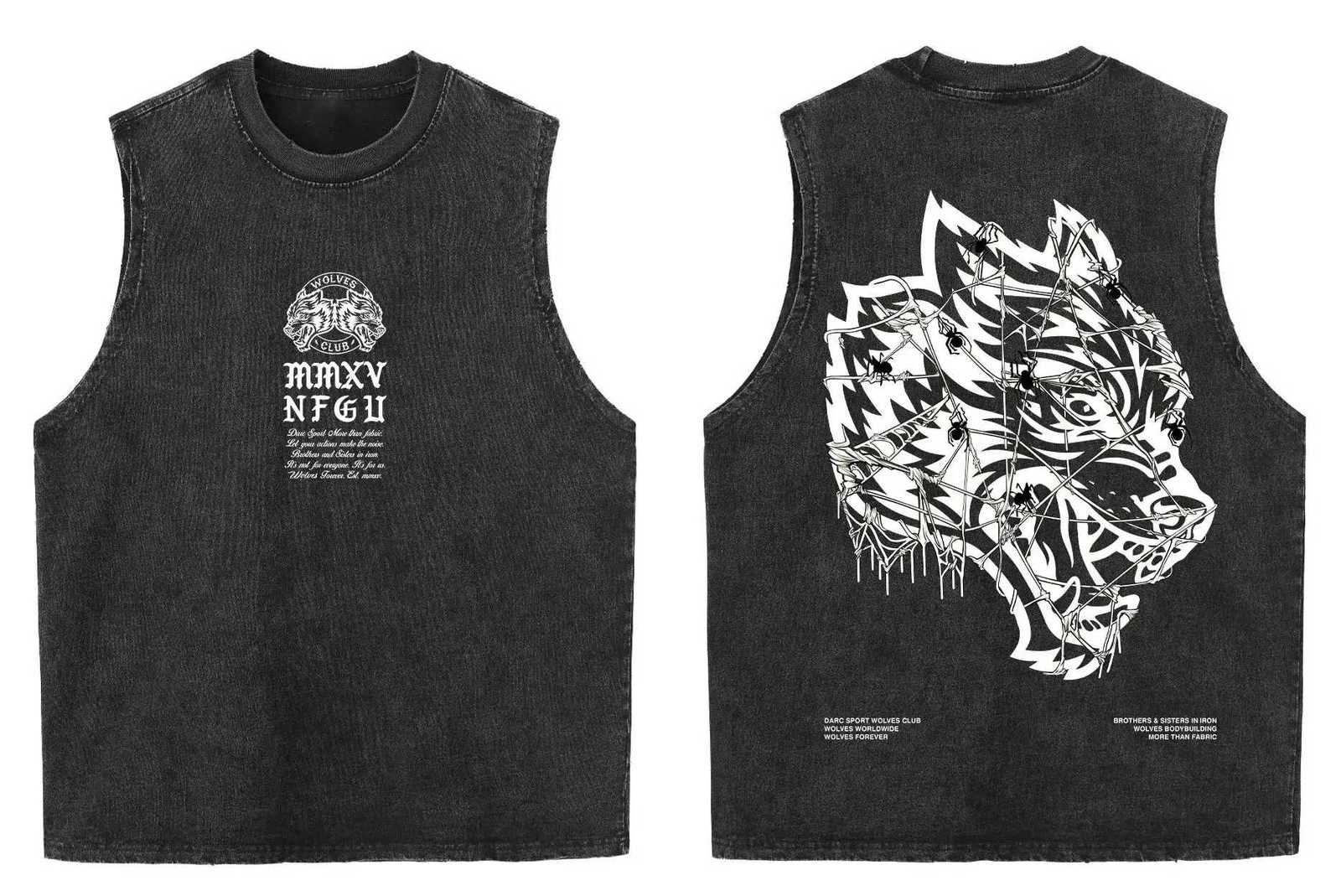 Summer American Vintage Washed Mens T-Shirt Wolf Head Print Tank Top Gym Fitness Sleeveless T-Shirt Exercise Vest Womens Clothing X250821