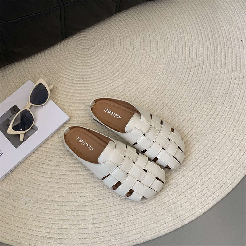 Closed-Toe Half Slippers for Women Summer 2025 New Style Woven Hollow Thick-Soled Slip-On Lazy Mules