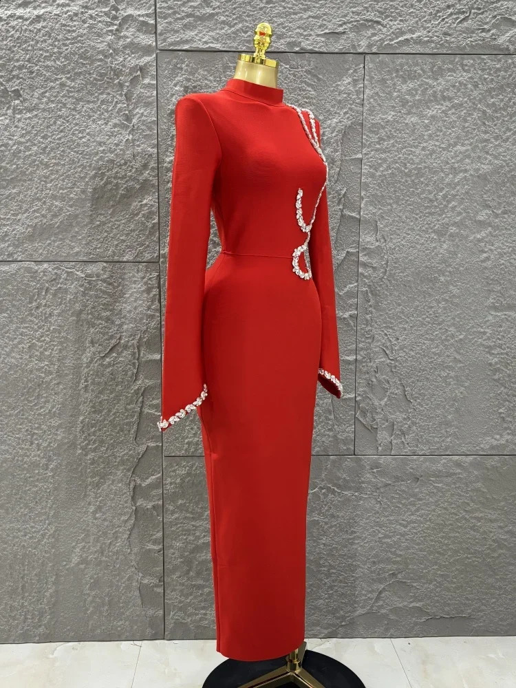 Black Red Women Long Sleeve Shinning Crystal Bodycon Bandage Dress Elegant Evening Party Cocktail Outfit Vestido 250821
