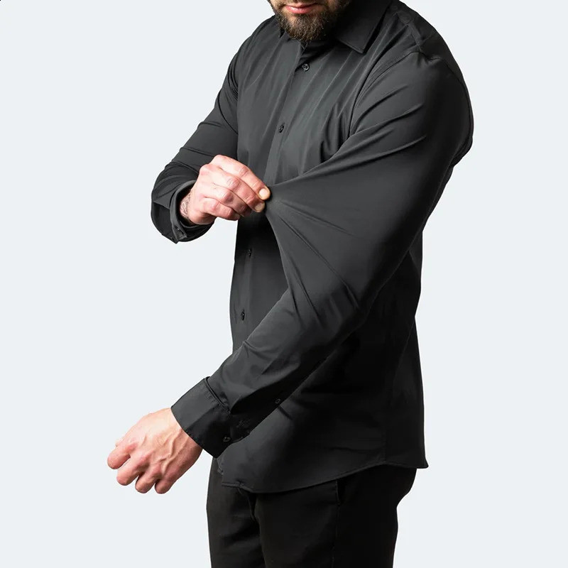 Plus Size 7XL 6XL High Elasticity Seamless Spandex Shirt Men Long Sleeve Slim Fit Casual Solid Color Social Formal Dress Shirts 250905