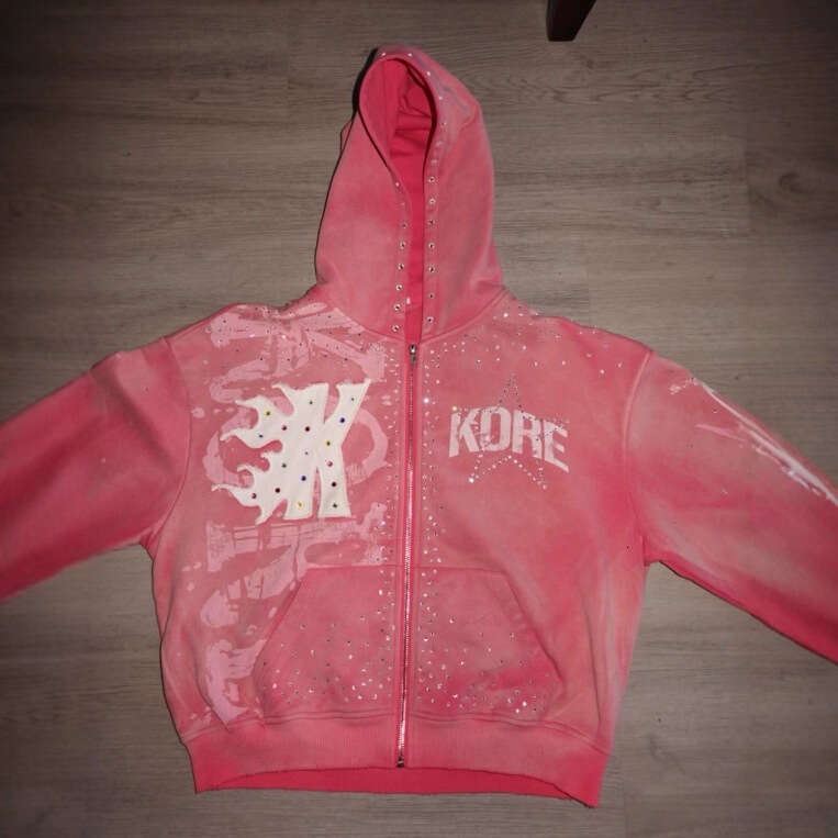 High Street Design Printed Hoodie Zipper Rhinestone Dark Loose Casual Pants Set B5