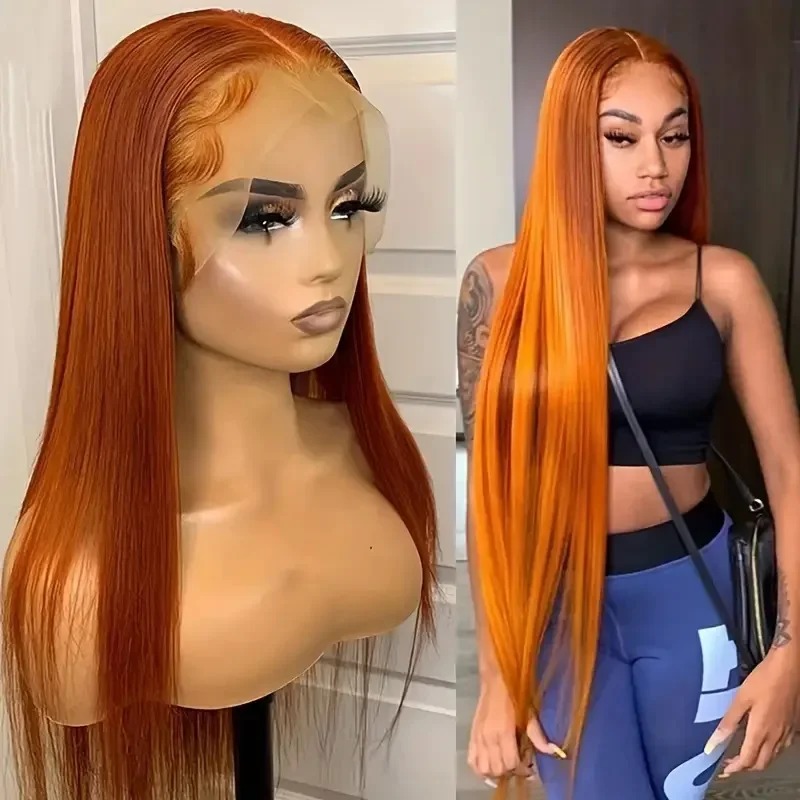 Fashionable Natural Orange Long Hair High Density Wig For Women Lace Frontal Wig Preplucked Hairline Gluelesss Voluminous Full Day Synthetic
