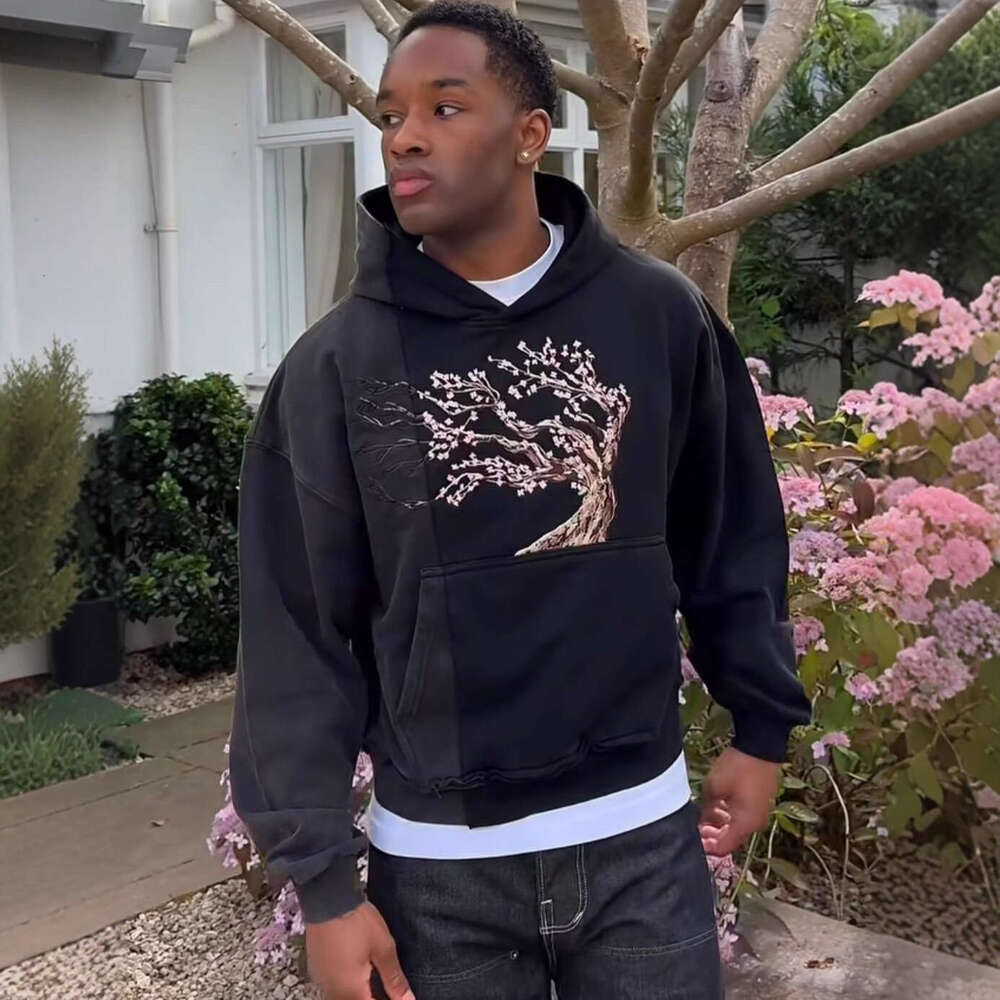 Autumn And Winter Loose Patchwork Casual Top Street Trend Sakura Embroidery Hooded Pullover Sweatshirt B5