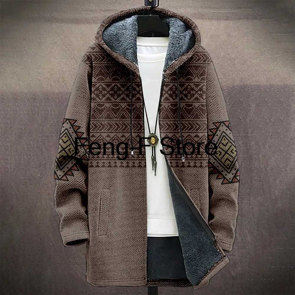 3D Men Jacket Cardigans Native Aztec Graphics Long Coats Printed Mid Trench Outdoor Fleece Winter Casual Streetwear Clothing W250821