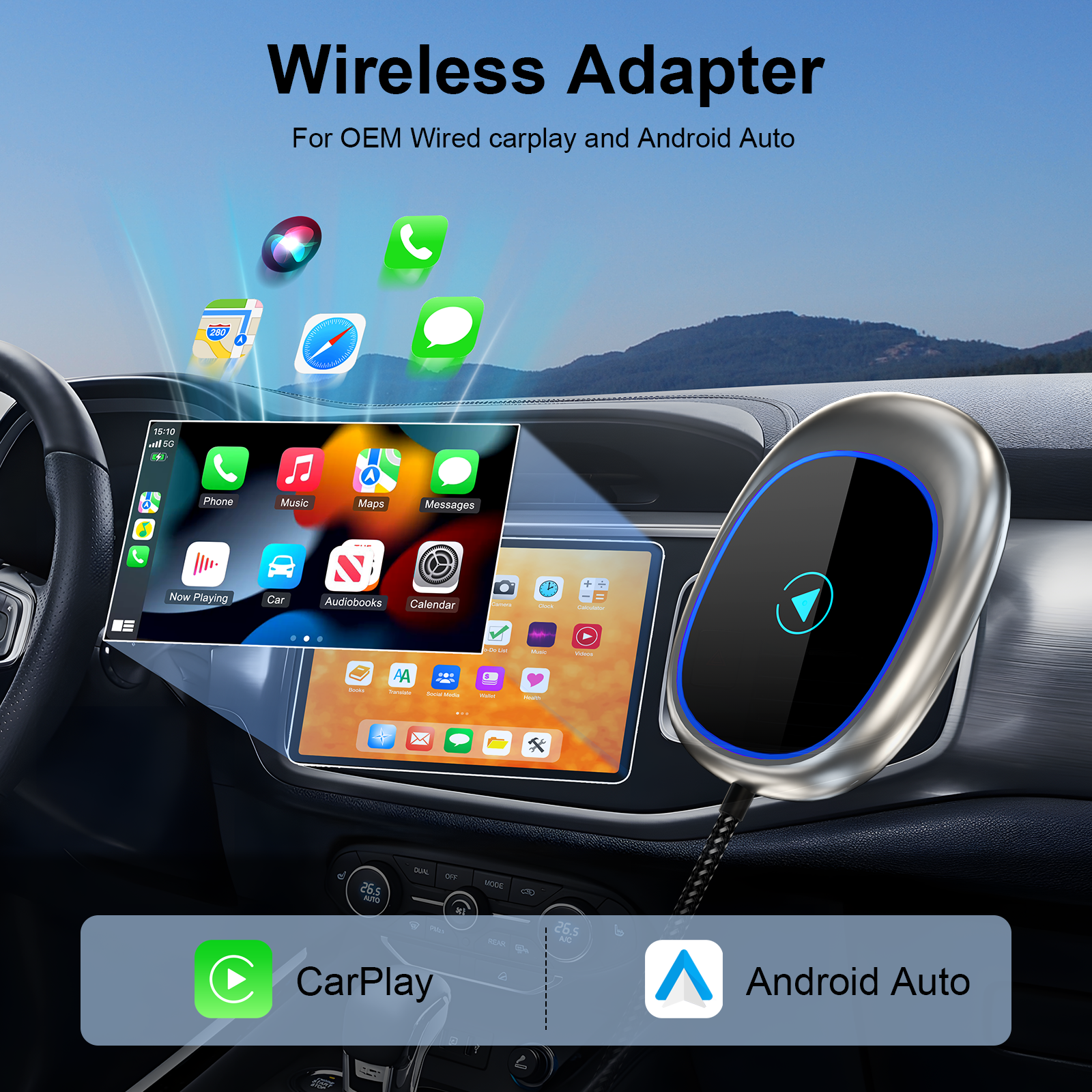 KOWANKIT Wireless CarPlay Android Auto Ai Box, Plug & Play Dongle Converts Wired To Wireless, Vehicle Multimedia Upgrade, No Delay, 2in1 Car Accessori