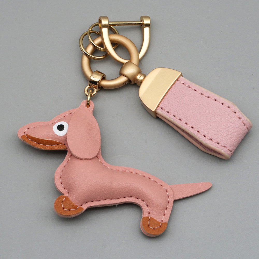 New Arrival Goat Grain Leather Keychain Cute Dachshund Dog Charm Car Key Holder Premium Braided Lanyard Women Bag Charms Accessory (Custom Logo Availa