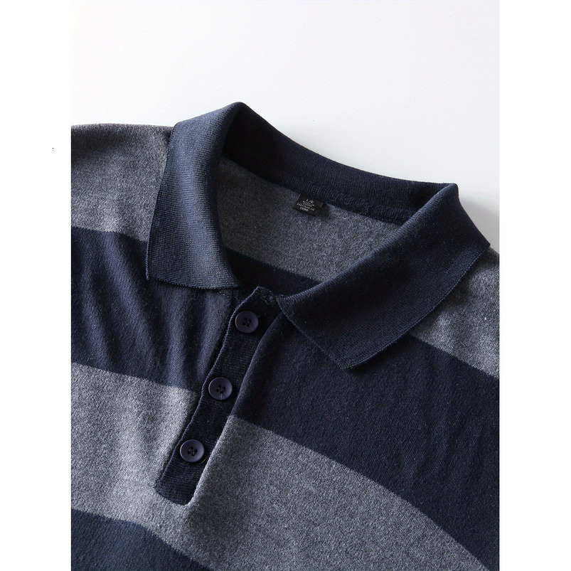 Men's Simple Casual Fashion Turn-Down Collar Polo Shirt Youth Knitted Striped Short Sleeve Top