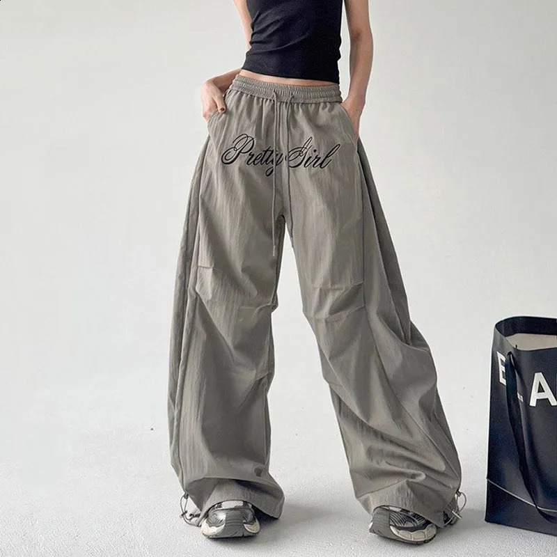 Woman Y2K Parachute Gray Pants Harajuku Streetwear Letter Embroidery Wide Leg Trousers Oversize Pockets Baggy Cargo Sweatpants Z260314