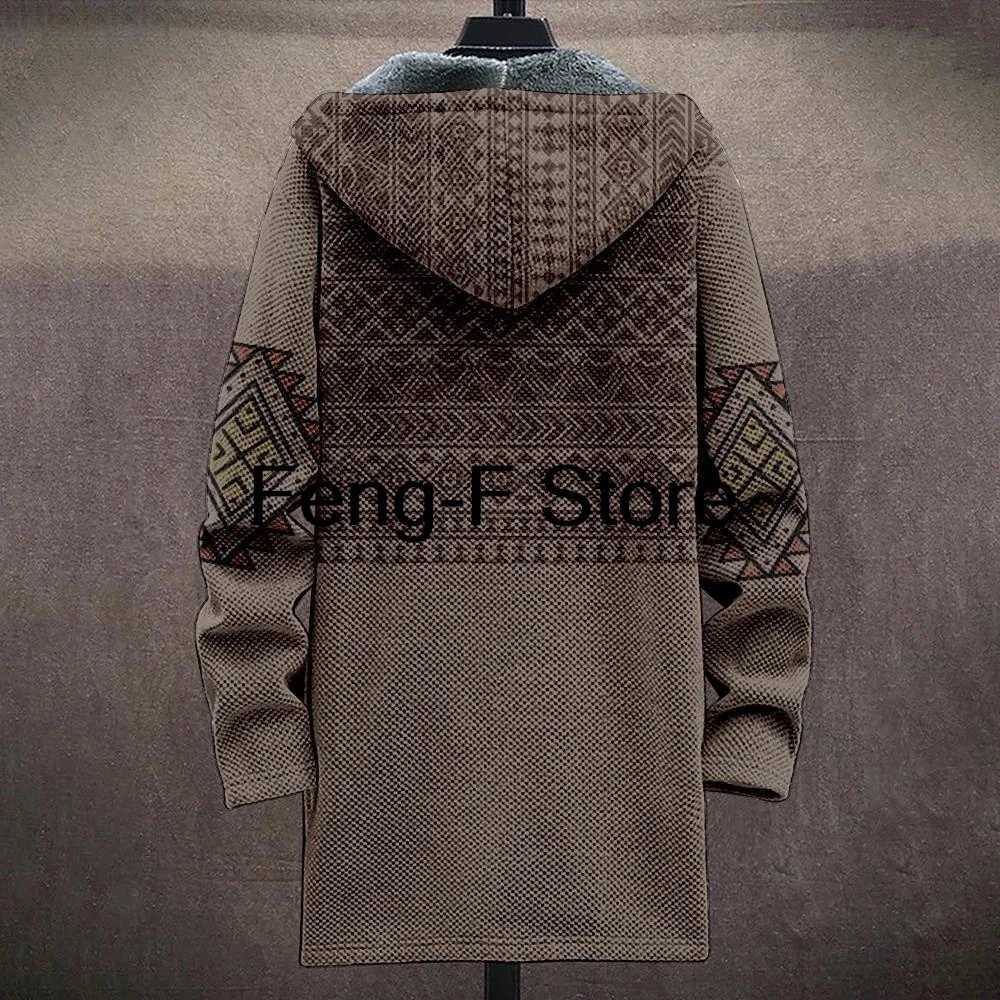 3D Men Jacket Cardigans Native Aztec Graphics Long Coats Printed Mid Trench Outdoor Fleece Winter Casual Streetwear Clothing W250821
