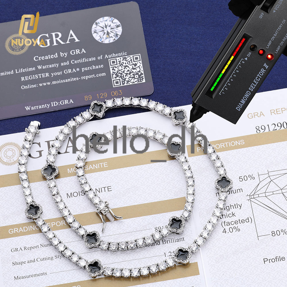 Hip Hop Jewelry 4mm Iced Out Moissanite Tennis Chain Black Four Leaf Clover Tennis Chain Necklace Gift for Men Women