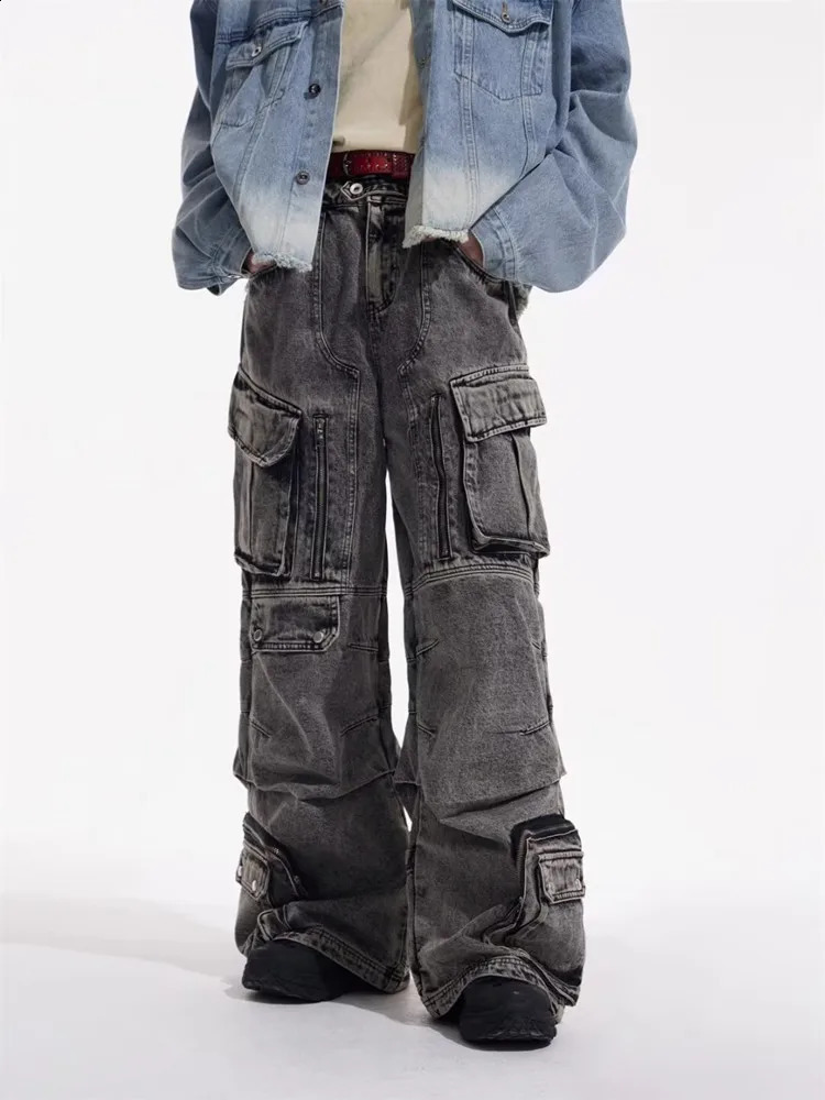2025 Cyber Y2K Streetwear Washed Grey Baggy Cargo Jeans Pants For Men 90S Vintage Clothes Wide Leg Zipper Gothic Denim Trousers 250821