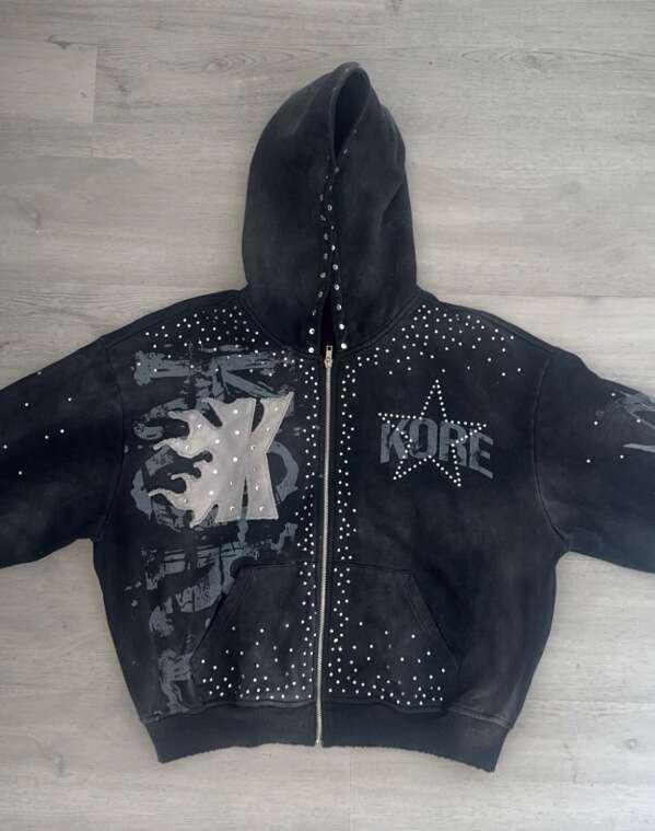 High Street Design Printed Hoodie Zipper Rhinestone Dark Loose Casual Pants Set B5