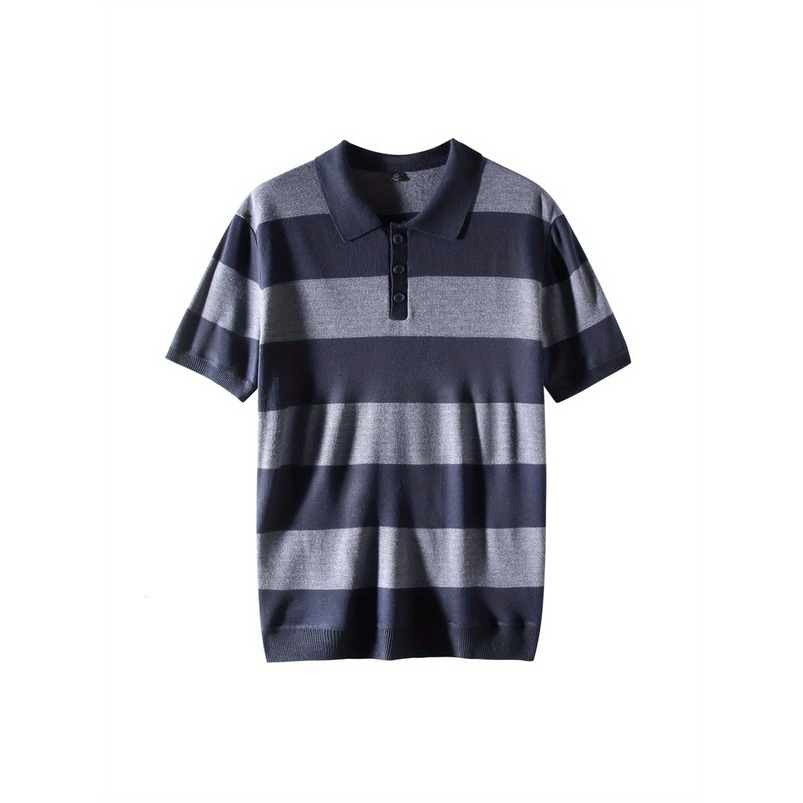 Men's Simple Casual Fashion Turn-Down Collar Polo Shirt Youth Knitted Striped Short Sleeve Top